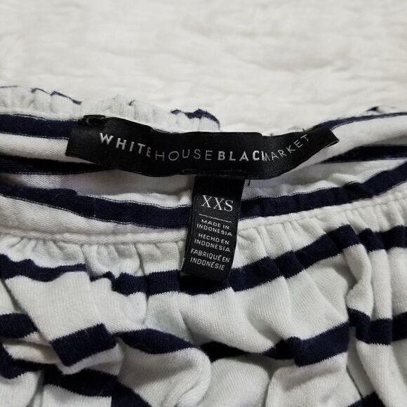 WHBM Blue & White Striped Two Tone Classy Dressy Ruffle Off the Shoulder Blouse  - Picture 7 of 9